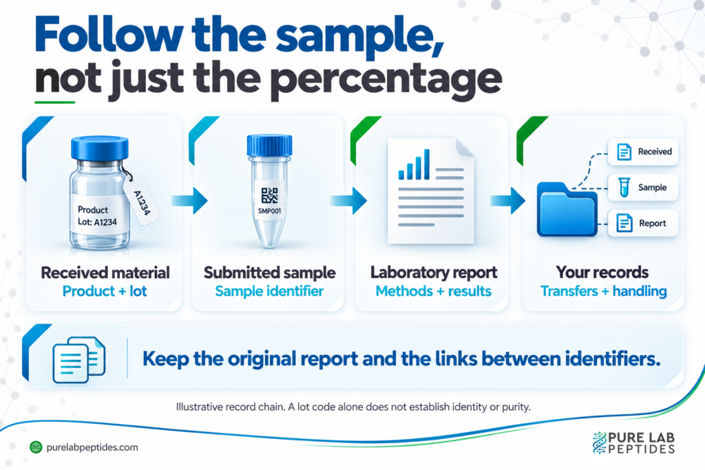 An illustrative traceability chain connects a vial label, submitted sample, laboratory report and receiving records.